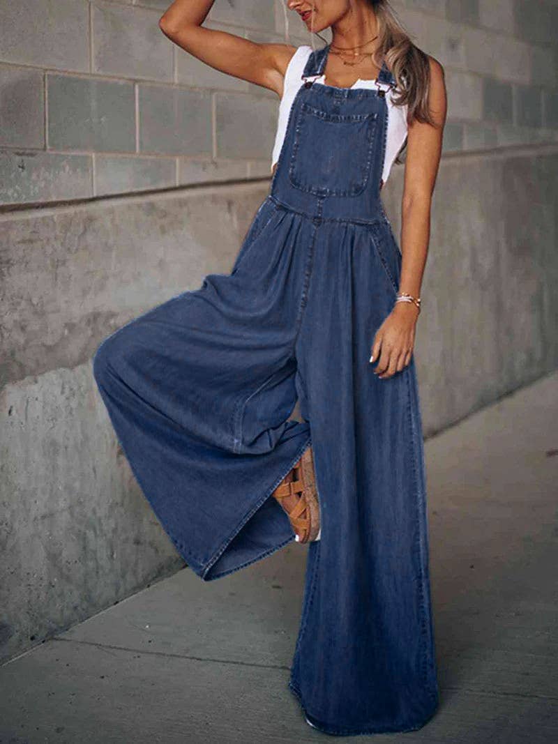 HIDDENBRAND - Wholesale Overalls - Women's - Loose overalls Big Pockets Hem Denim Wide Leg  Jumpsuit7