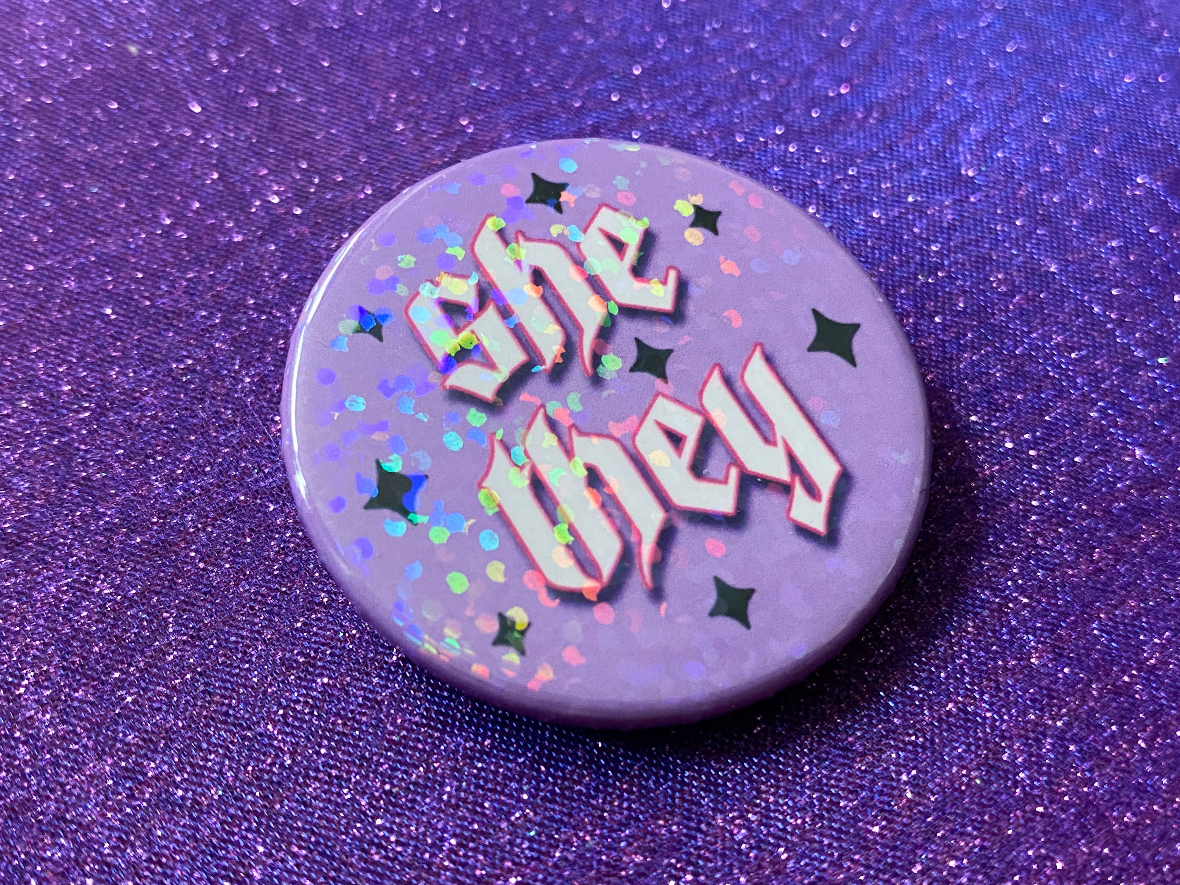 Magical Meow - Wholesale Lapel Pin/Button - She/They Pronoun Holographic Pin Badge1