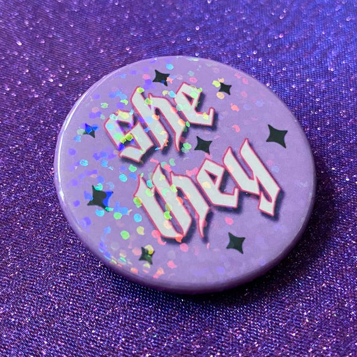 Magical Meow - Wholesale Lapel Pin/Button - She/They Pronoun Holographic Pin Badge1