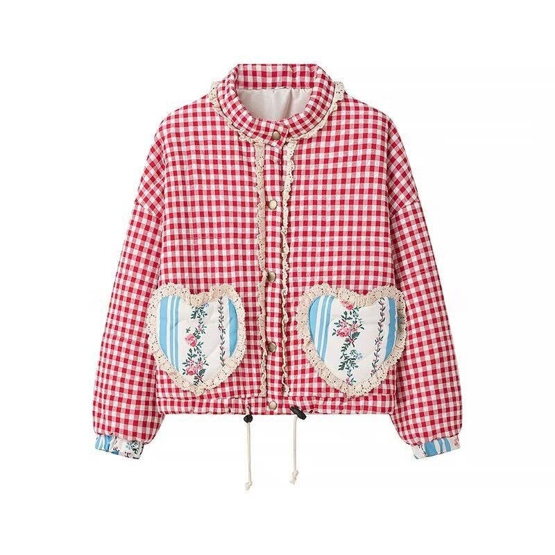 safistyle - Wholesale Jacket - Women's - Gingham Jacket with Heart Patch Details0