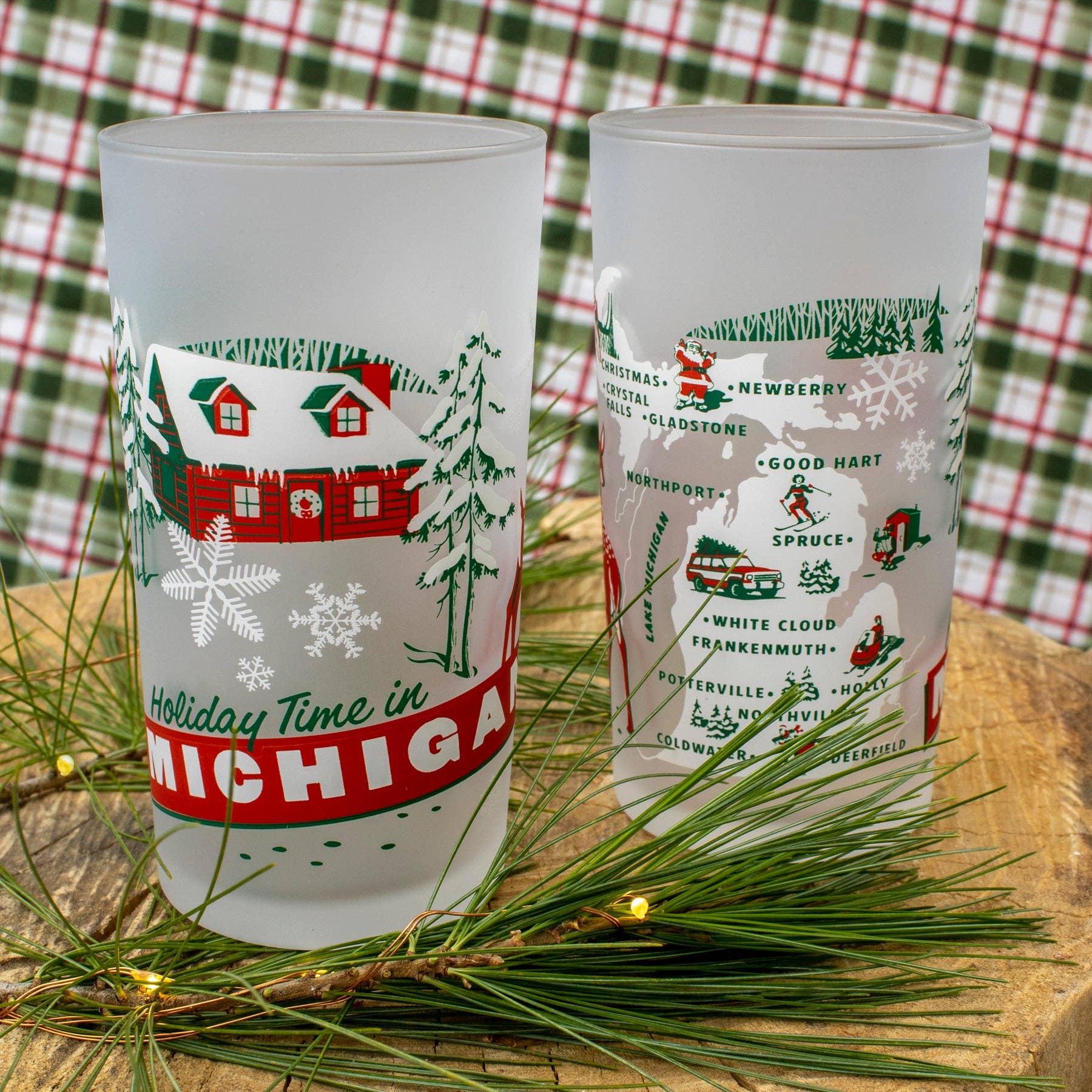 Peninsulas - Wholesale Drinking Glass/Cup - Holiday "Greetings from Michigan" Frosted Glass1