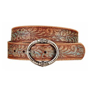 Western mens leather tooled belt cowboy leather studded circle cross brown  NOS