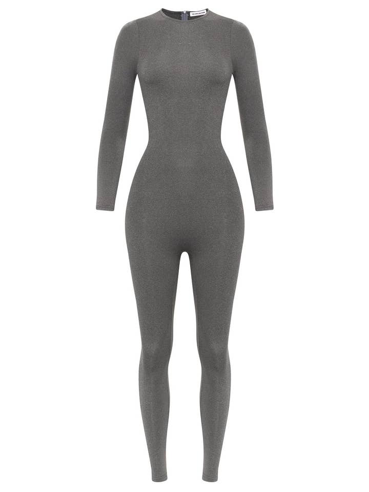 YG Charcoa Long Sleeve Crew Neck Fitted Jumpsuit for wholesale by YG COLLECTION