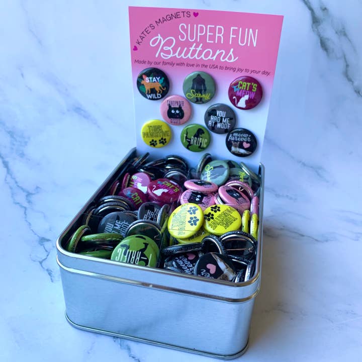 Animal Button Tin of 200 1" Buttons for wholesale by Kate's Magnets