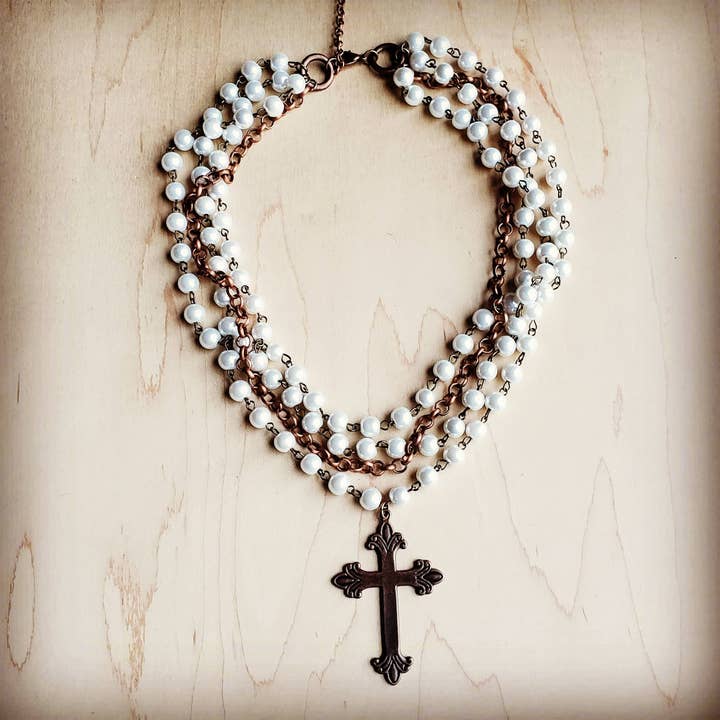 The Jewelry Junkie - Wholesale Pendant/Charm Necklace - Pearl and Copper Beaded Collar Necklace with Copper Cross