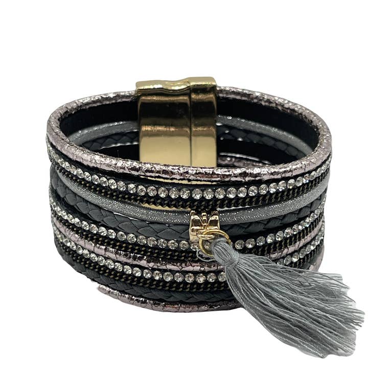 Pizzazz, Inc. - Wholesale Bangle Bracelet - SILVER LEATHER WRAP BRACELET MULTI STRAND MAGNETIC CLASP