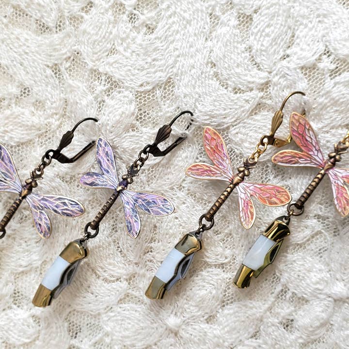 Dragonfly Knife Dangle Earrings Hand Painted Solid Brass for wholesale by Terra Tokens