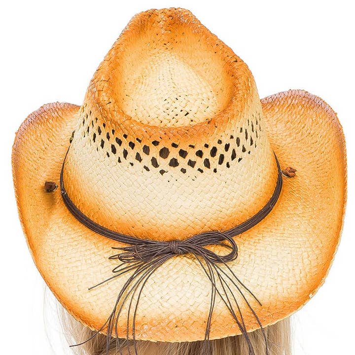 TAN Butterfly Emblem Waxed String Belt Straw Cowboy Hat for wholesale on Faire2
