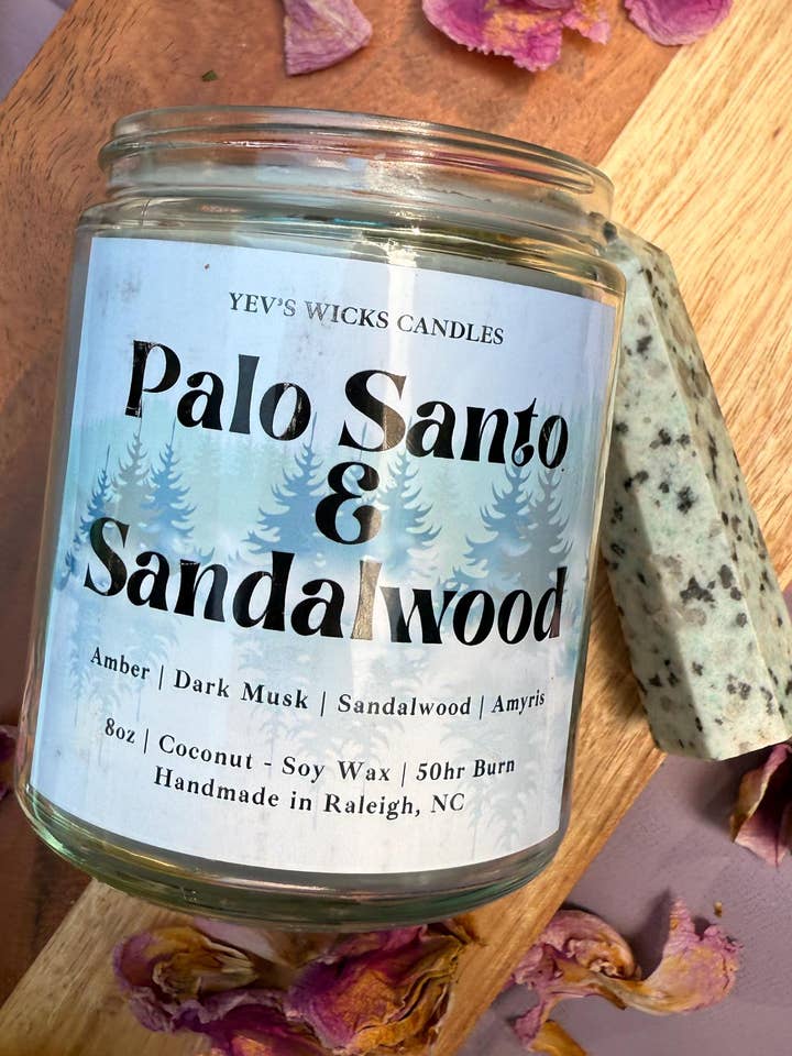Palo Santo & Sandalwood Coconut-Soy Wax Candle with Crystals for wholesale by Yev's Wicks