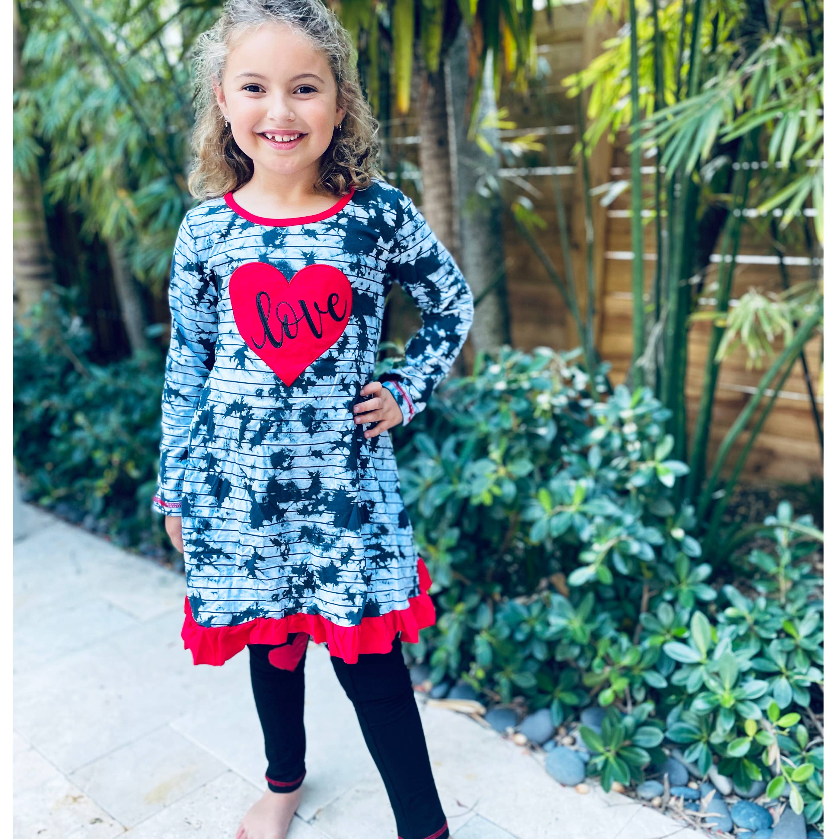 AnnLoren – wholesale Top & leggings set – Kids – Girls Red Heart Tie Dye Dress Leggings Valentine's Clothing6