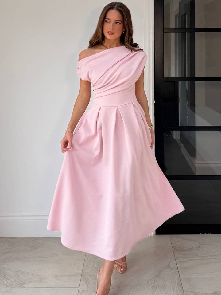 Betty Asymmetric Neckline Skater Midi Pink for wholesale by Girl in mind