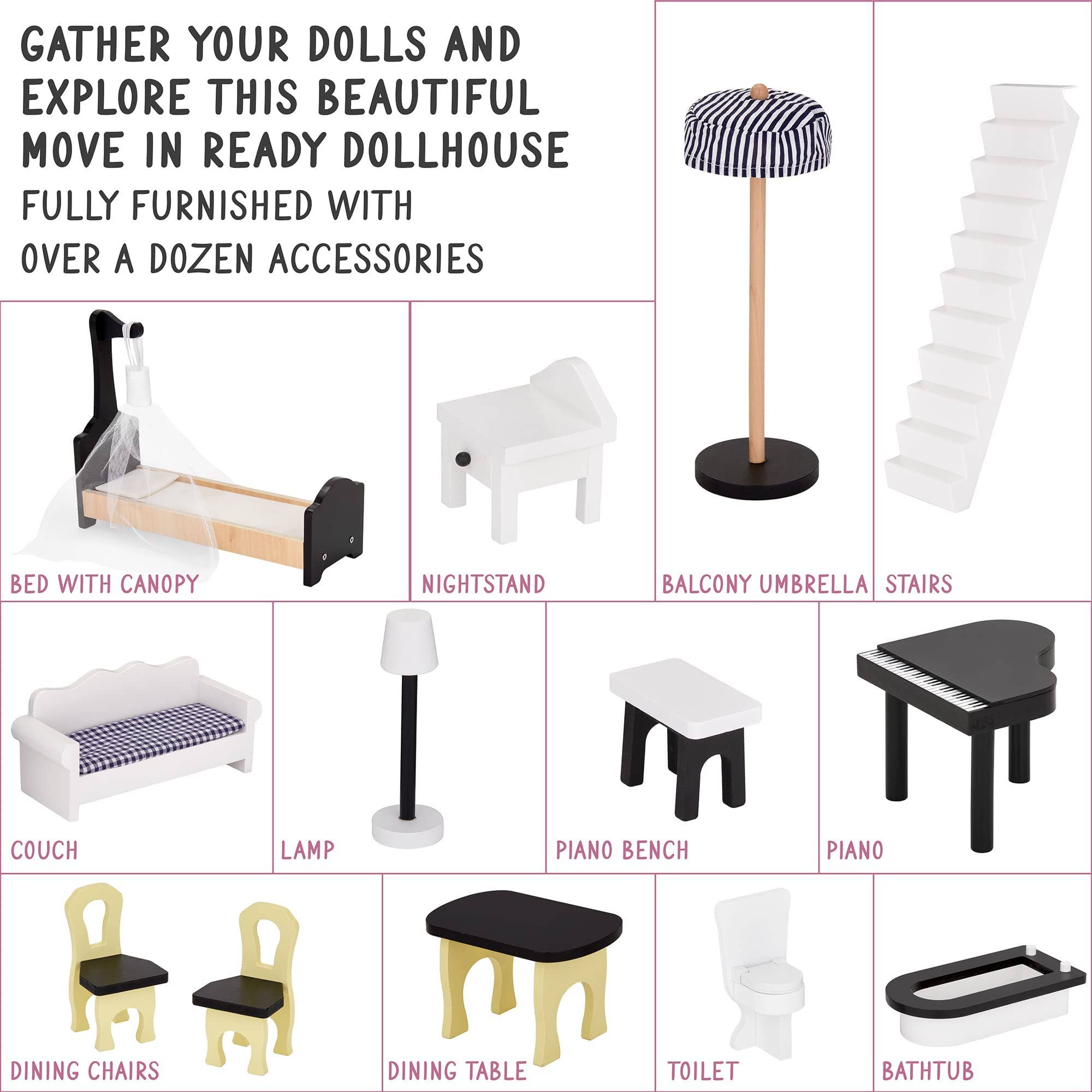 Jumbl - Wholesale Doll Accessory Kit - Kids - 3-Story Wooden Doll House Set W/Elevator, Balcony & Stairs9