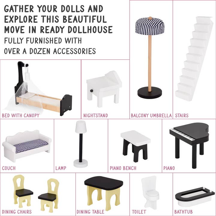 Jumbl - Wholesale Doll Accessory Kit - Kids - 3-Story Wooden Doll House Set W/Elevator, Balcony & Stairs9