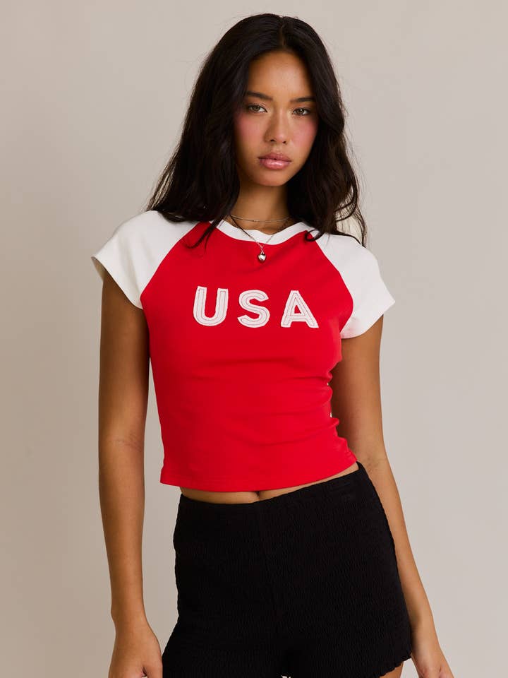 LE LIS - Wholesale Screen Printed T-Shirt - Women's - CAP SLEEVE USA BABY TEE7
