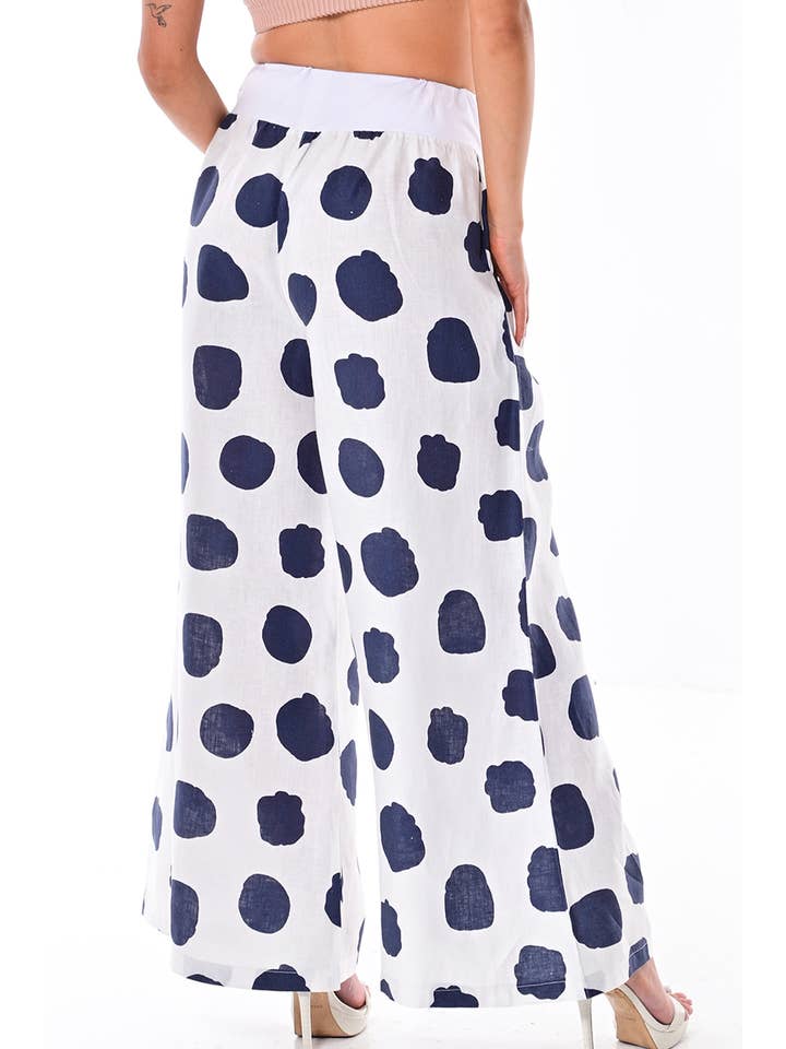 Azucar & Bohio - Venta al por mayor Pantalones - Mujer - Pantalones anchos de lino para mujer con estampado de lunares y nubes de AZUCAR2