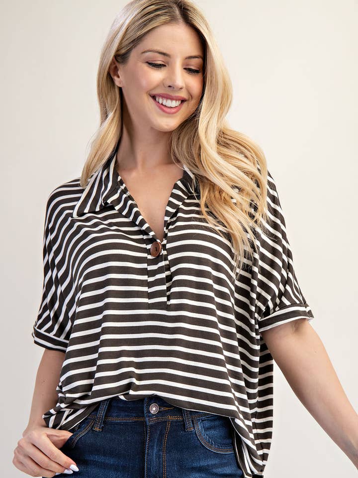 PLUS SIZE STRIPED BUTTON-FRONT COLLARED TOP -CT23913A for wholesale by Celeste Clothing