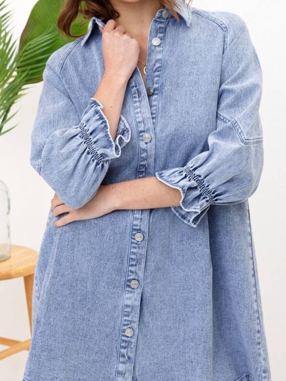 HIDDENBRAND - Wholesale Dress - Women's - Balloon sleeve denim shirt mini dress8