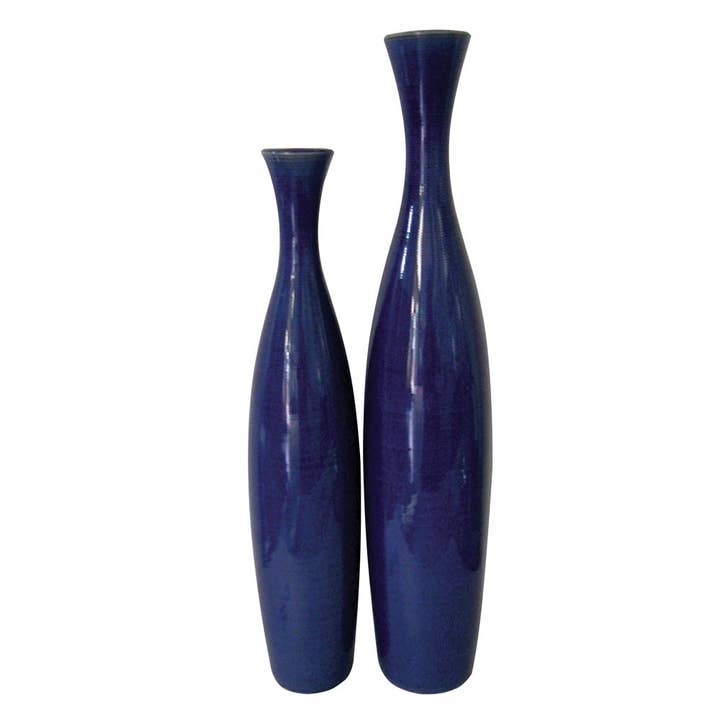 HomeRoots - Wholesale Vase - Set of 2 Deep Indigo Blue Ceramic Tall Thin Vases1