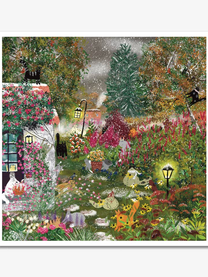 Ungerahmter Kunstdruck: Verschneiter Herbstgarten mit Katzen für den Großhandel von Dariia Dziuba