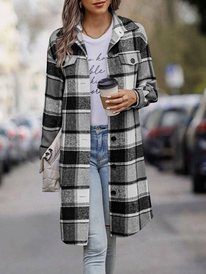 eLook - Vente Manteau – femme - Manteau long boutonné à carreaux SZ1-JK82115