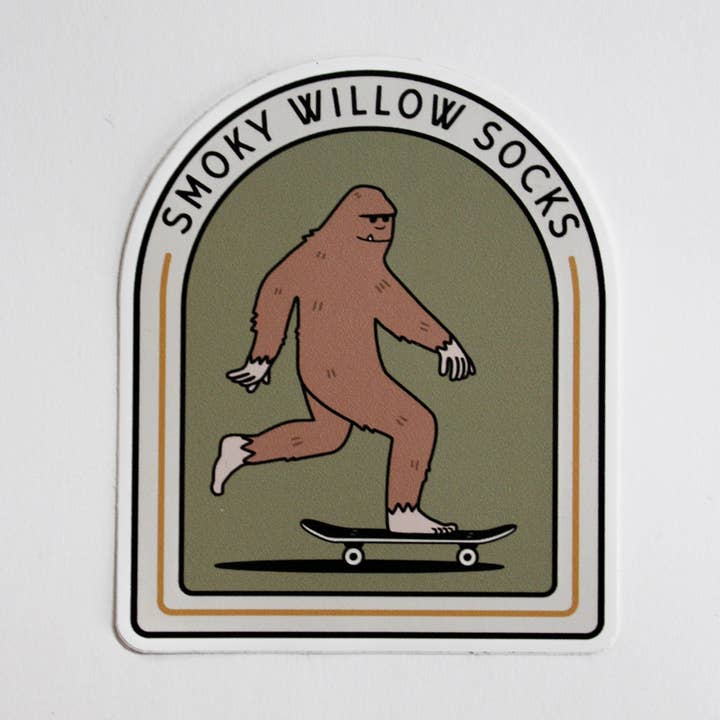 Skater Squatch Sticker for wholesale by Smoky Willow Socks