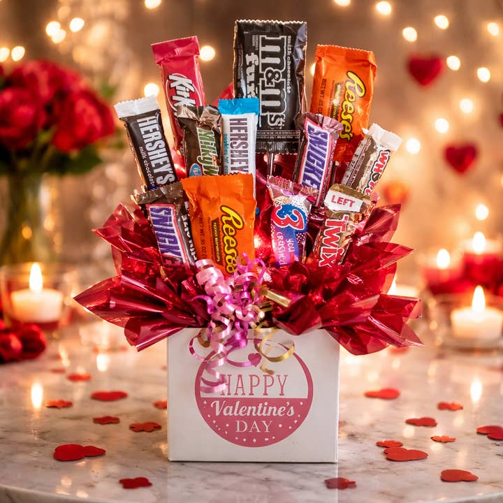 Chocolate Candy Bouquet in Val Day Circle box (12 pc candy) for wholesale by So Sweet of You