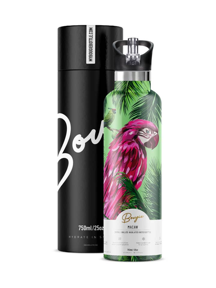 MACAW Parrot 25 oz Insulated Water Bottle for wholesale by My Bougie Bottle