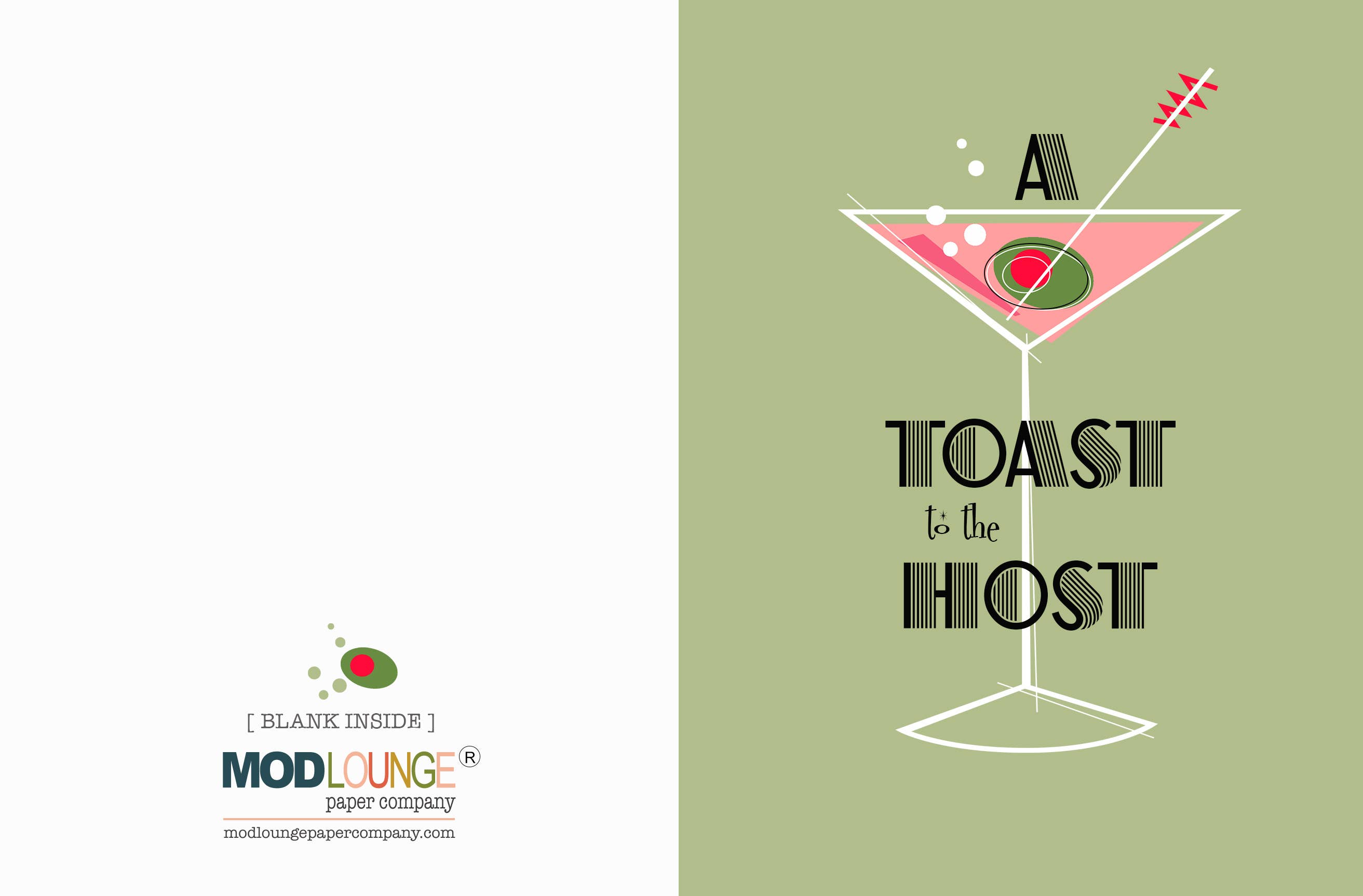 Mod Lounge Paper Company - Wholesale Thank You Card - A Toast to the Host Mid Century Modern Martini & Olive Card1