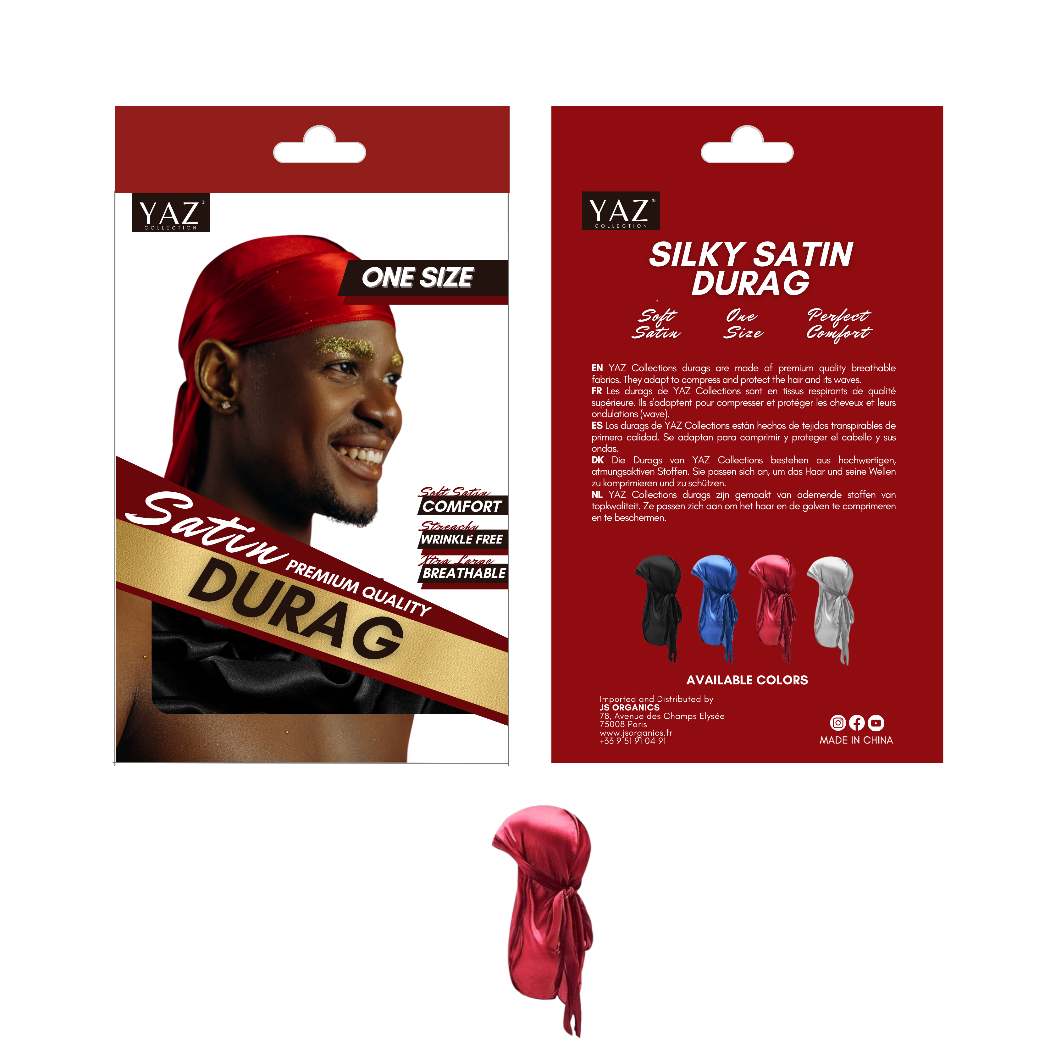 JS ORGANICS - Vente Durag/bonnet pour les boucles – unisexe - Yaz Collections - Silky Satin Durag RED JS05400