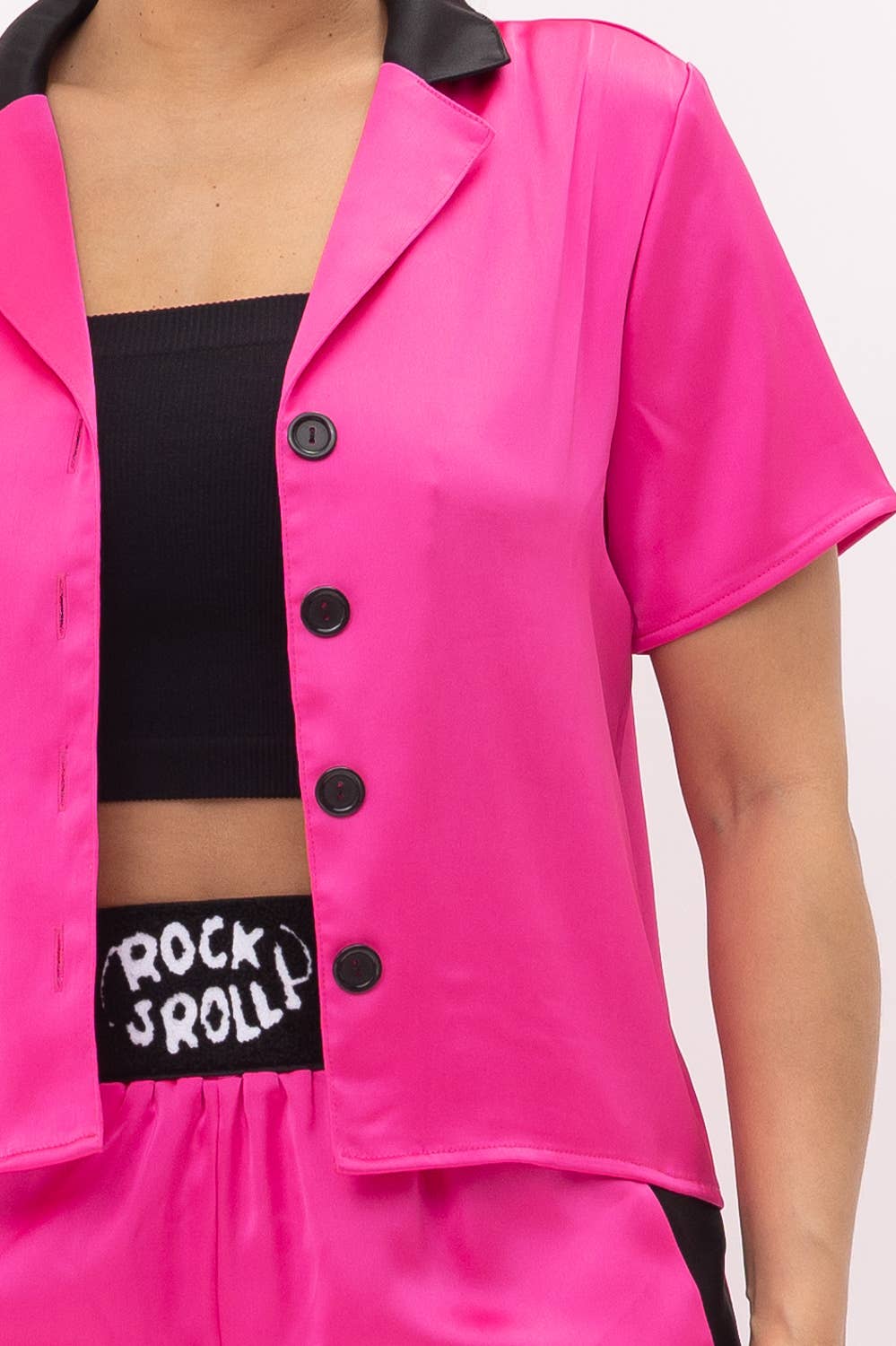 Julia by LoveJ – wholesale Set med topp och shorts – Dam – Button Down kontrast topp och främre Rock & Roll Shorts Set14