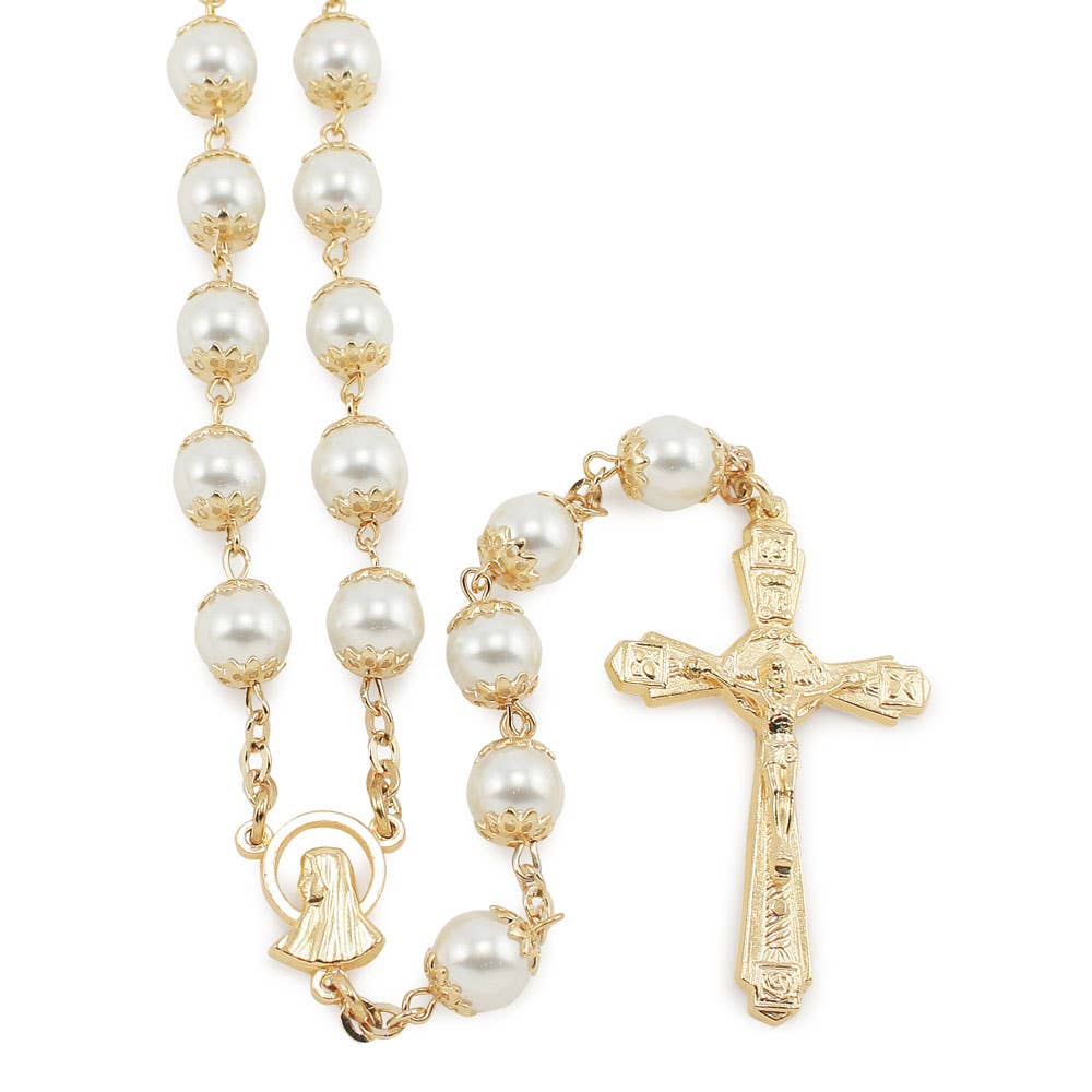 RM Trading - Wholesale Prayer Beads Necklace - Pearl Capped Beads Gold Tone Rosary0