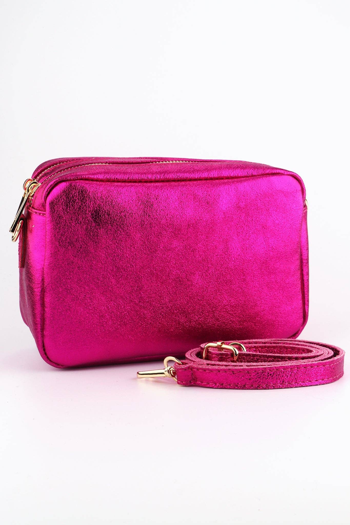 Sarta Pelle - Wholesale Crossbody Bag - Women's - Naomi - Italian Leather Crossbody Bag - Raspberry, Metallic