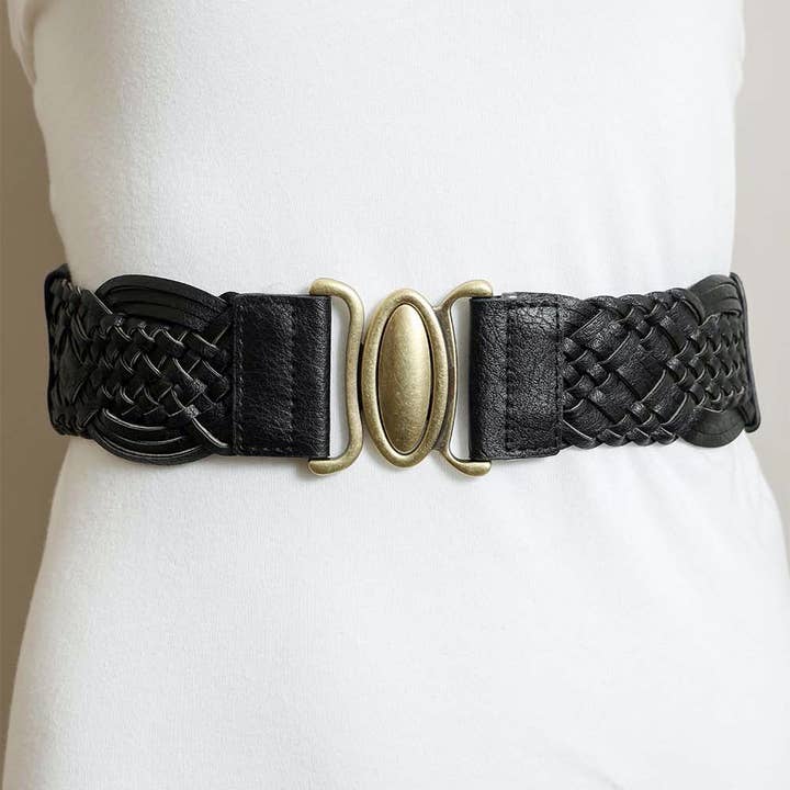 Leto Accessories - Wholesale Belt - Women's - Oval Buckle Braided Elastic Belt - Black, Brown & Camel 🤎
