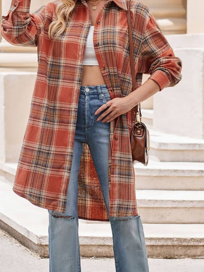 UNISHE - Wholesale Shirt Jacket/Shacket - Women's - Plaid Button Up Long Length Blouse Jacket MD1006