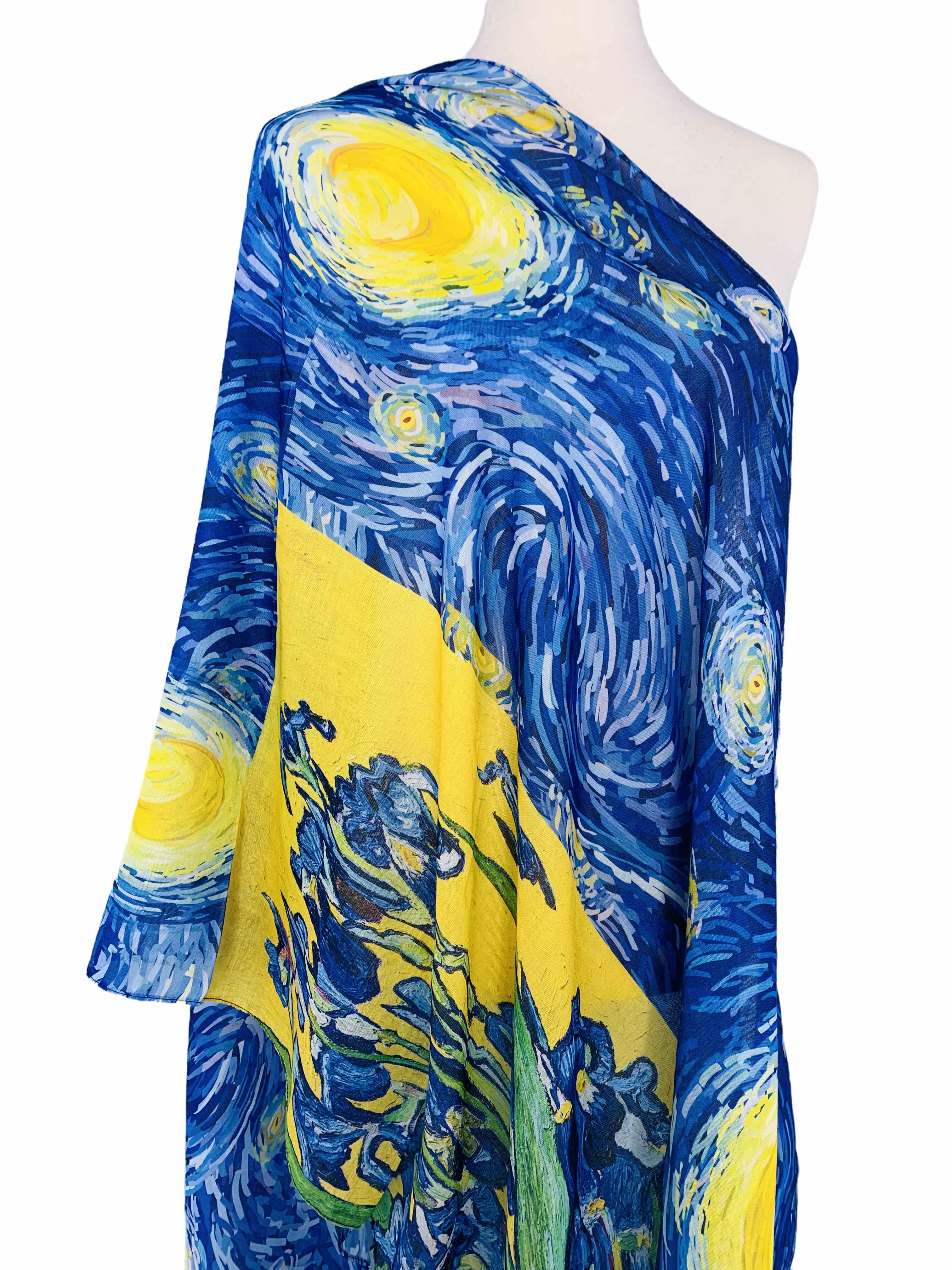 JC Sunny Fashion – wholesale Scarf – Women's – JC071119 Blue-Yellow Starry Night & Irises Scarf1