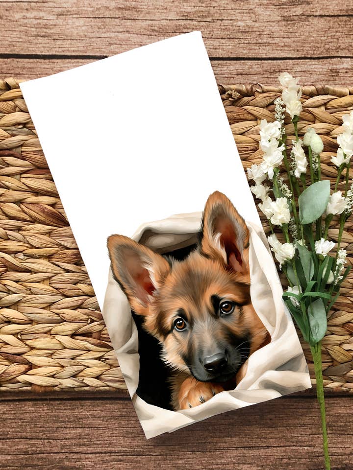 Felix - Cute Puppy In Blanket - Unique Dog Tea Towel for wholesale by Homemade Hollydays Wholesale