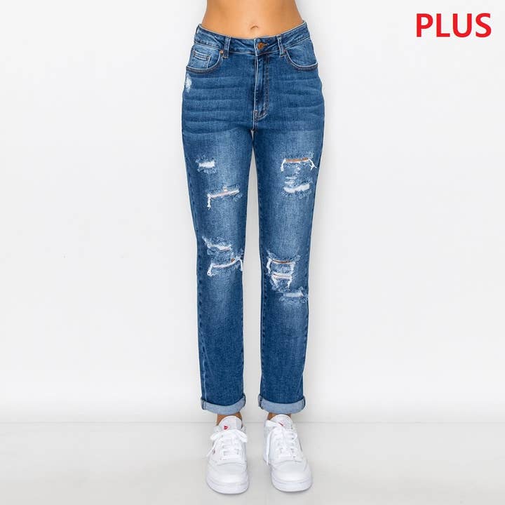 BELLA LUNA - Vente Jean – femme - PLUS DESTRUCTED CUFFED MOM JEANS1