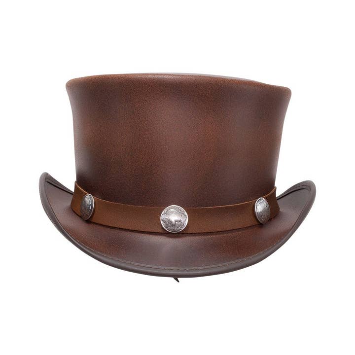 American Hat Makers - Vente Chapeau en feutre – unisexe - Chapeau Haut de Forme en Cuir de Motard avec Bande en Buffle - Style El Dorado Buffle5