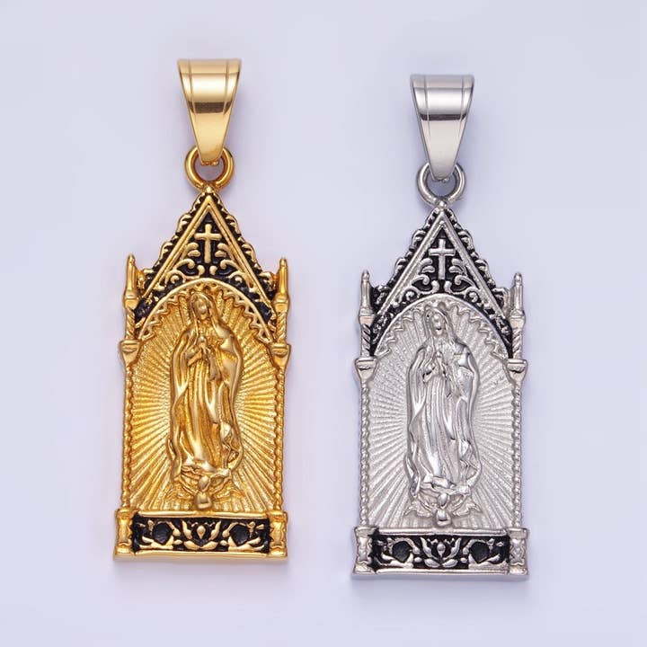 Stainless Steel Miraculous Mary Sunburst Religious Pendant in Gold & Oxidized Silver | P1459 for wholesale by Aim Eternal