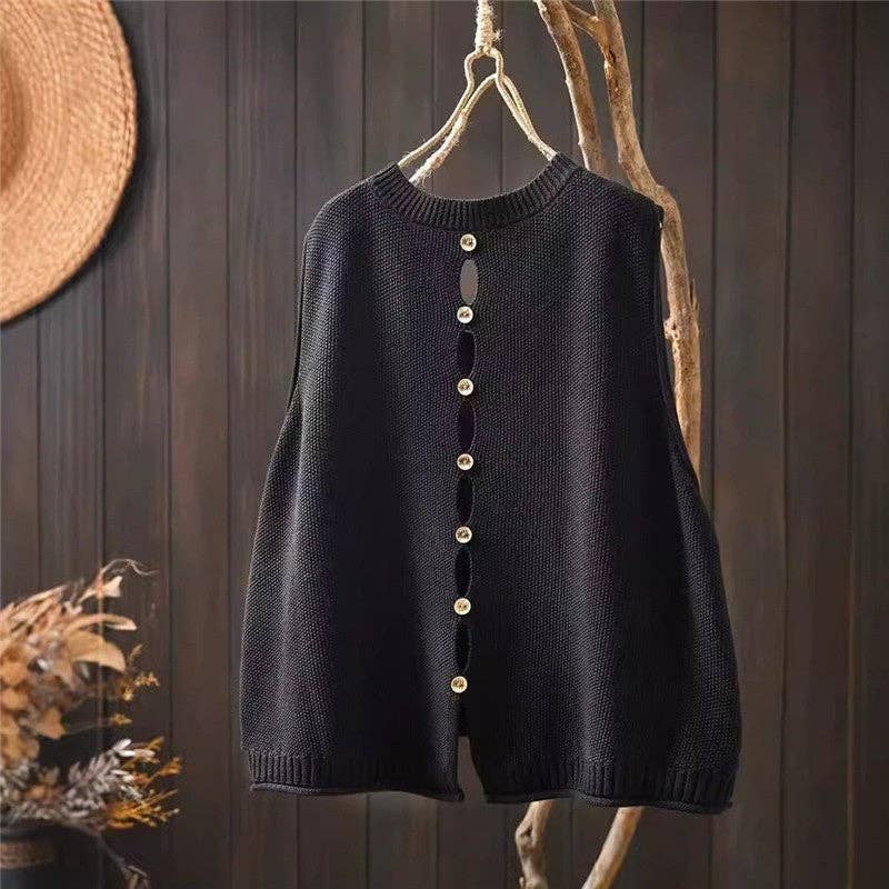Sheer Trend - Wholesale Sweater Vest - Women's - Loose-Fit Round Neck Knitted Vest With Buttons0