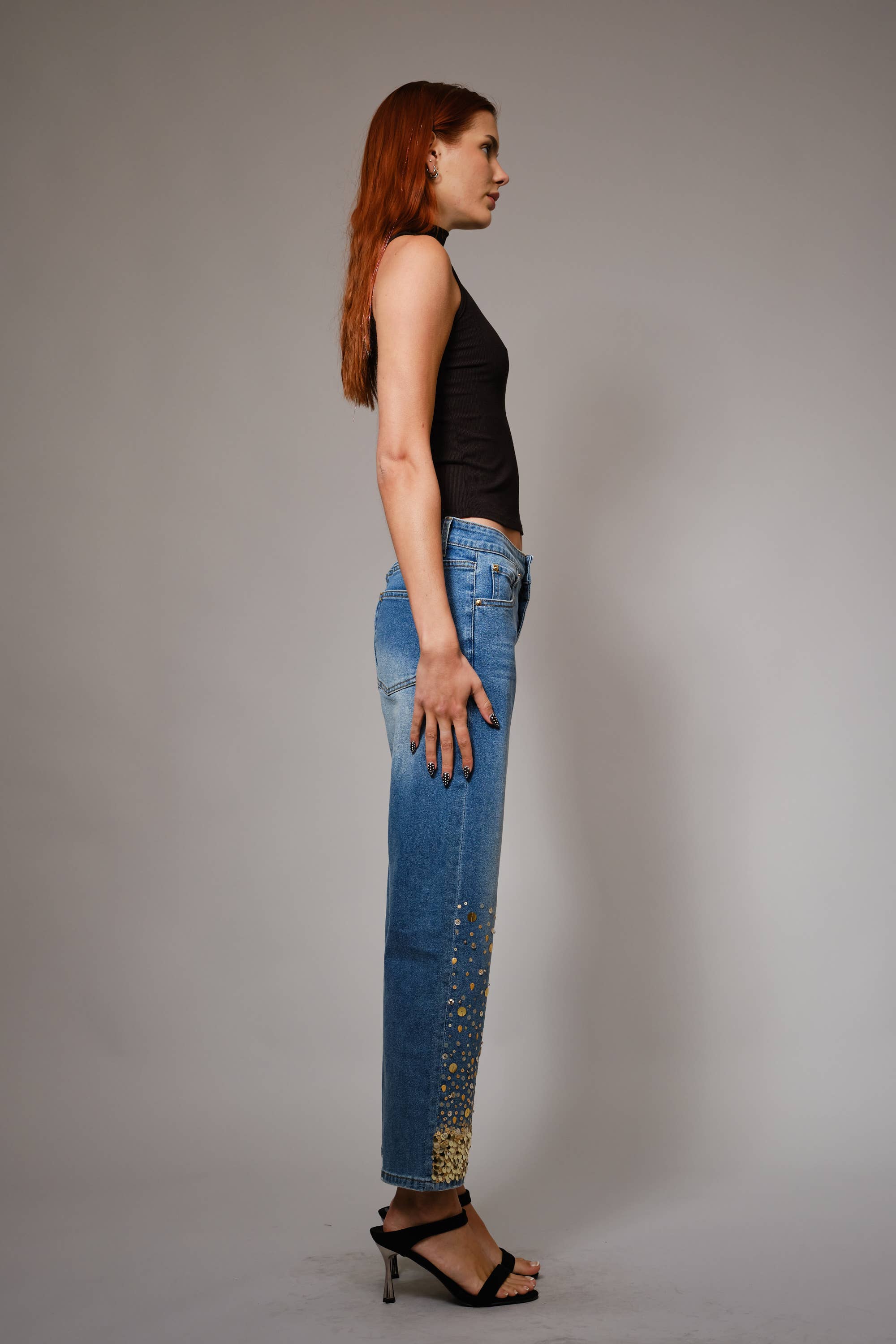 MED WASH 91499P - Gold Sequin Straight Leg Jeans for wholesale on Faire5