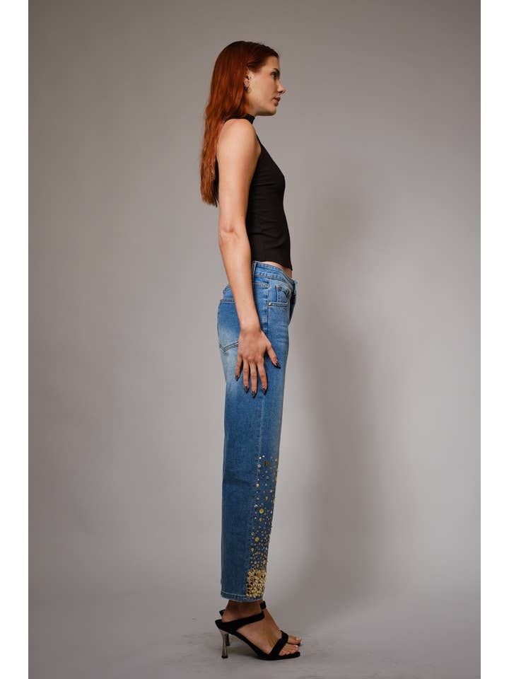 MED WASH 91499P - Gold Sequin Straight Leg Jeans for wholesale on Faire5