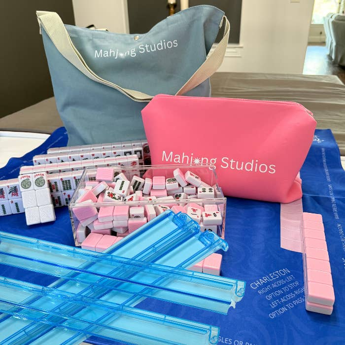 American Mahjong Set 166 Tiles - Mahjong Bundle - Blue & Tan Bag Blue Mat 2-color Pink Tiles for wholesale by Mahjong Studios