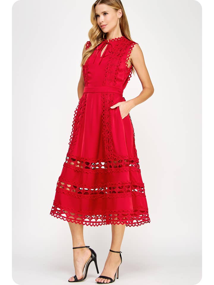 Strut & Bolt - Wholesale Dress - Women's - Scallop Edge Crochet Trim Satin Midi Dress10