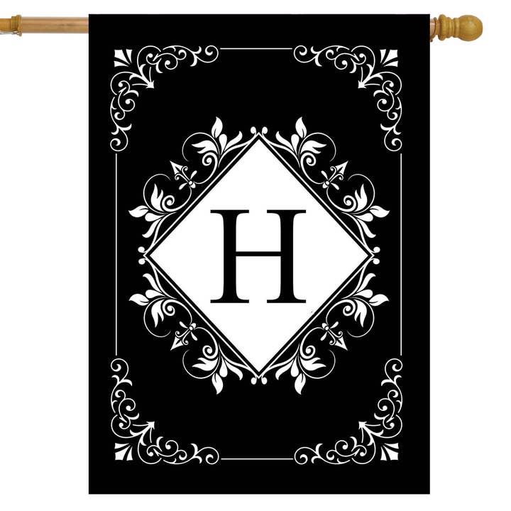 Black and White Monogram H Double-Sided House Flag for wholesale by Briarwood Lane
