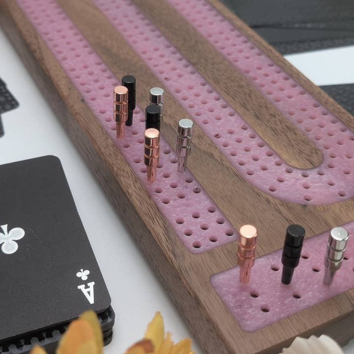 Premium Cribbage Board - Rose Quartz Resin Inlay for wholesale by EBONWOOD
