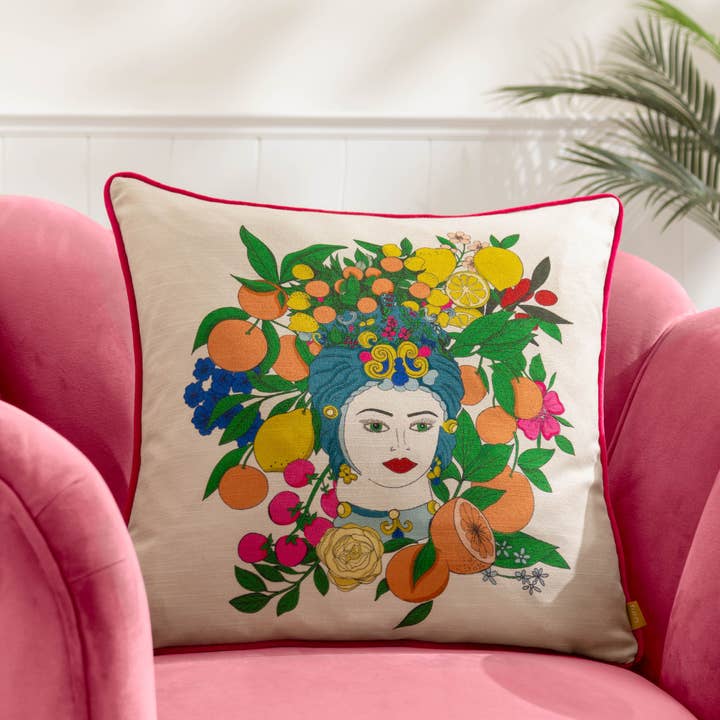 Taormina Floral Piped Cushion Magenta for wholesale by Riva Home