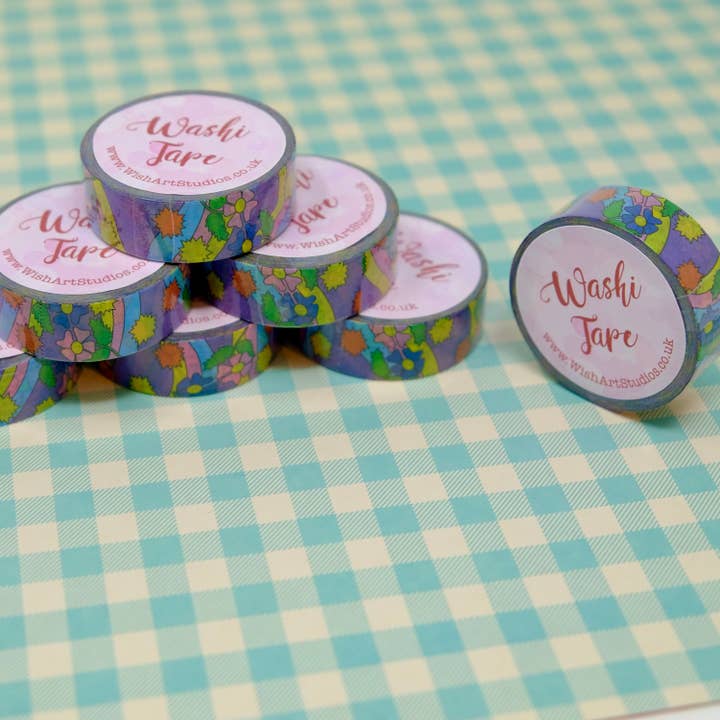 Fita Washi Roxa com Estrelas e Flores - Fita de Papel Washi Ilustrada - Fita Estacionária Brilhante e Colorida para Gravação de Balas por atacado de Wish Art Studios