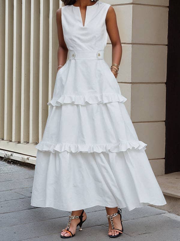 UZ Wholesale Store - Wholesale Dress - Women's - High Waist Pleated V-Neck Pocket Maxi Dress