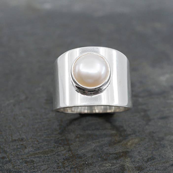 White Modern Pearl Wide Band Ring for wholesale on Faire2
